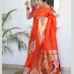 Orange Paithani Silk Woven Jacquard Saree With Maroon Embroidered Art Silk Blouse