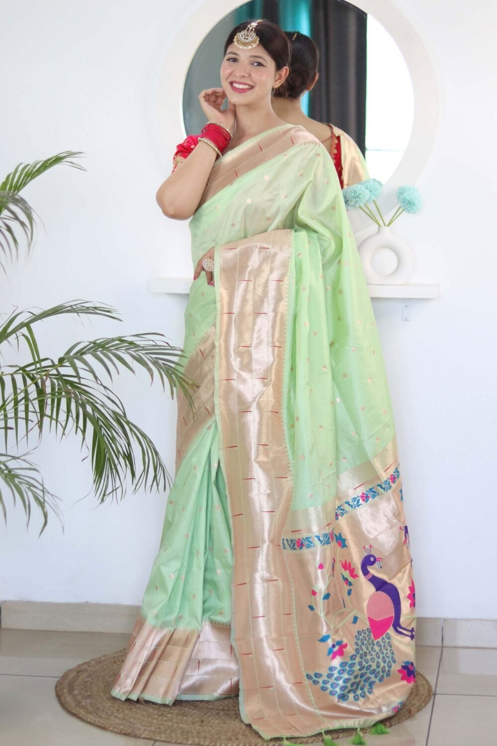 Pista Green Paithani Silk Woven Jacquard Saree With Maroon Embroidered Art Silk Blouse