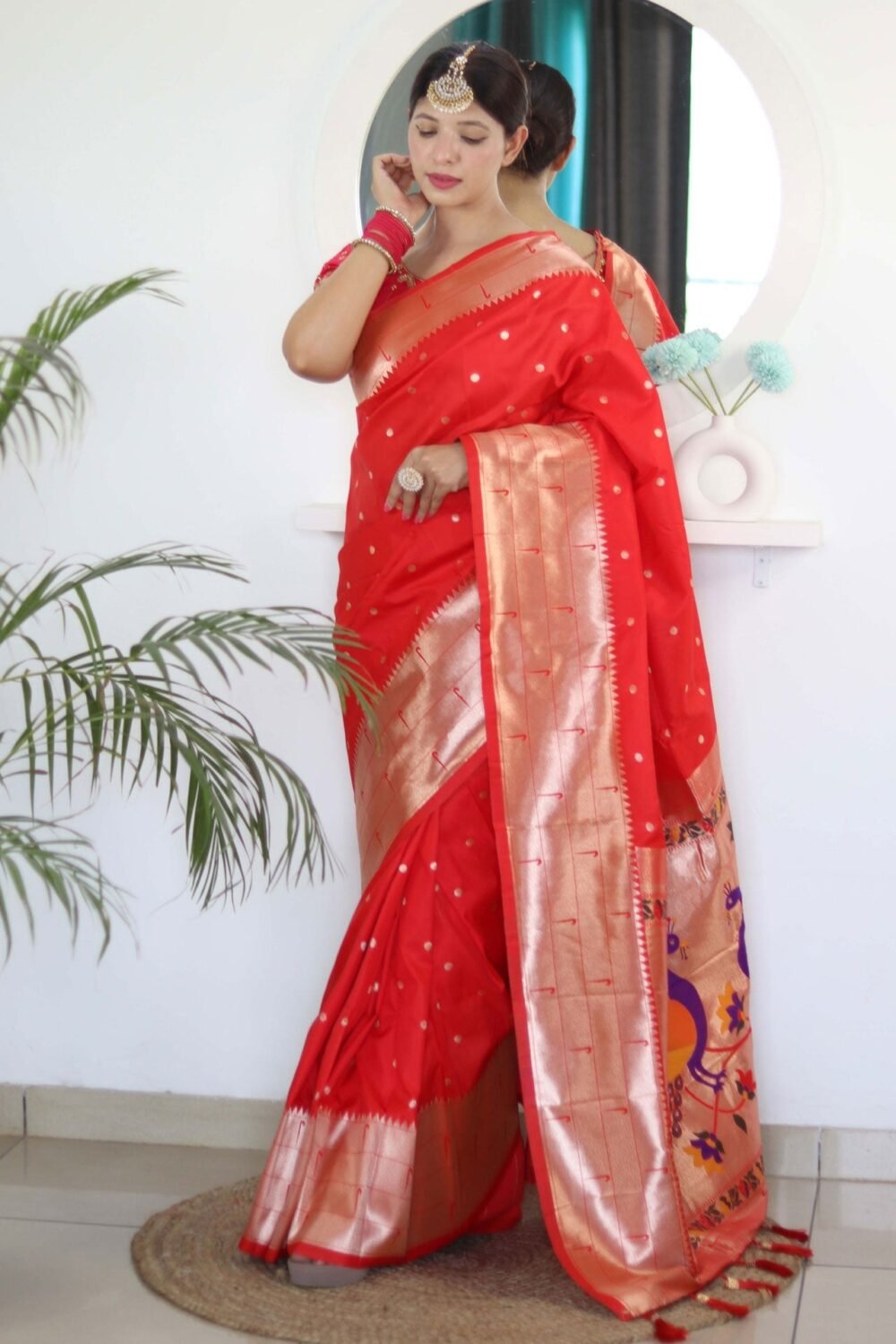Red Paithani Silk Woven Jacquard Saree With Maroon Embroidered Art Silk Blouse