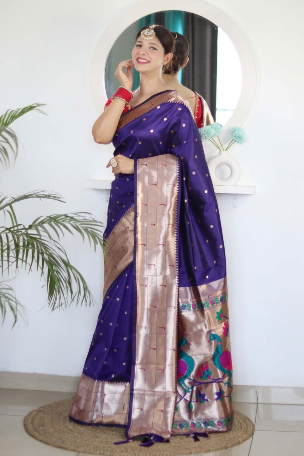 Violet Paithani Silk Woven Jacquard Saree With Maroon Embroidered Art Silk Blouse