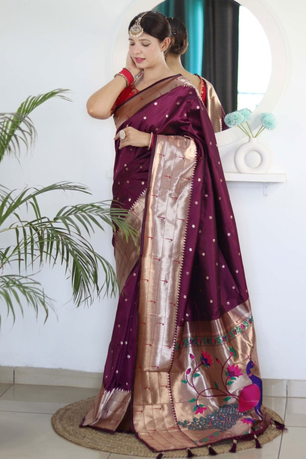 Wine Paithani Silk Woven Jacquard Saree With Maroon Embroidered Art Silk Blouse
