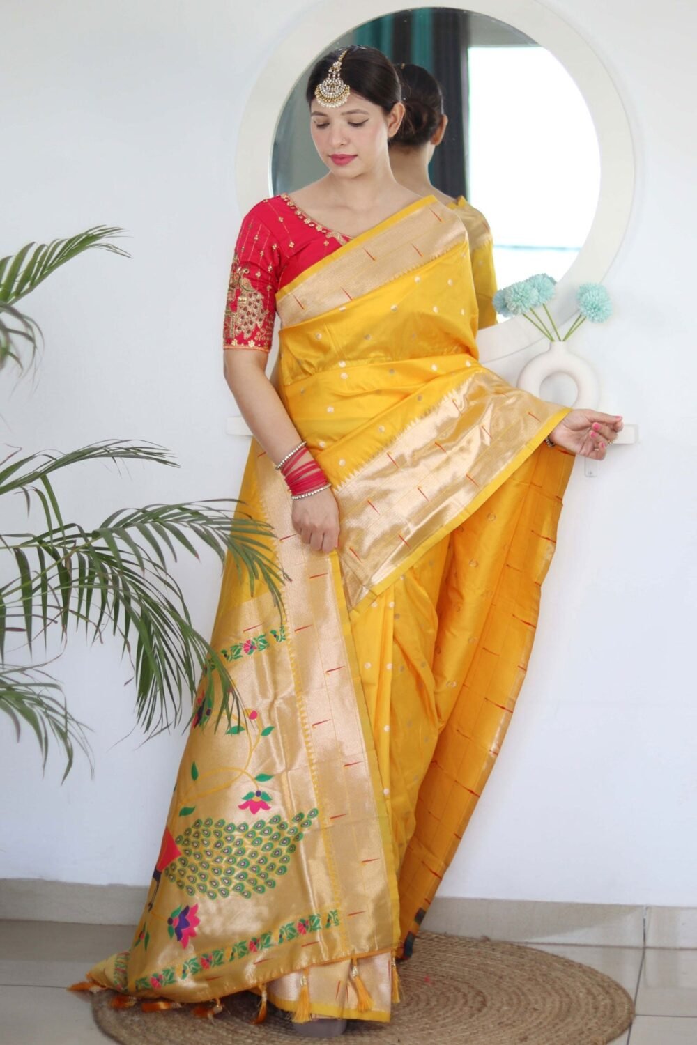 Yellow Paithani Silk Woven Jacquard Saree With Maroon Embroidered Art Silk Blouse
