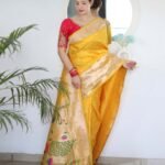 Yellow Paithani Silk Woven Jacquard Saree With Maroon Embroidered Art Silk Blouse