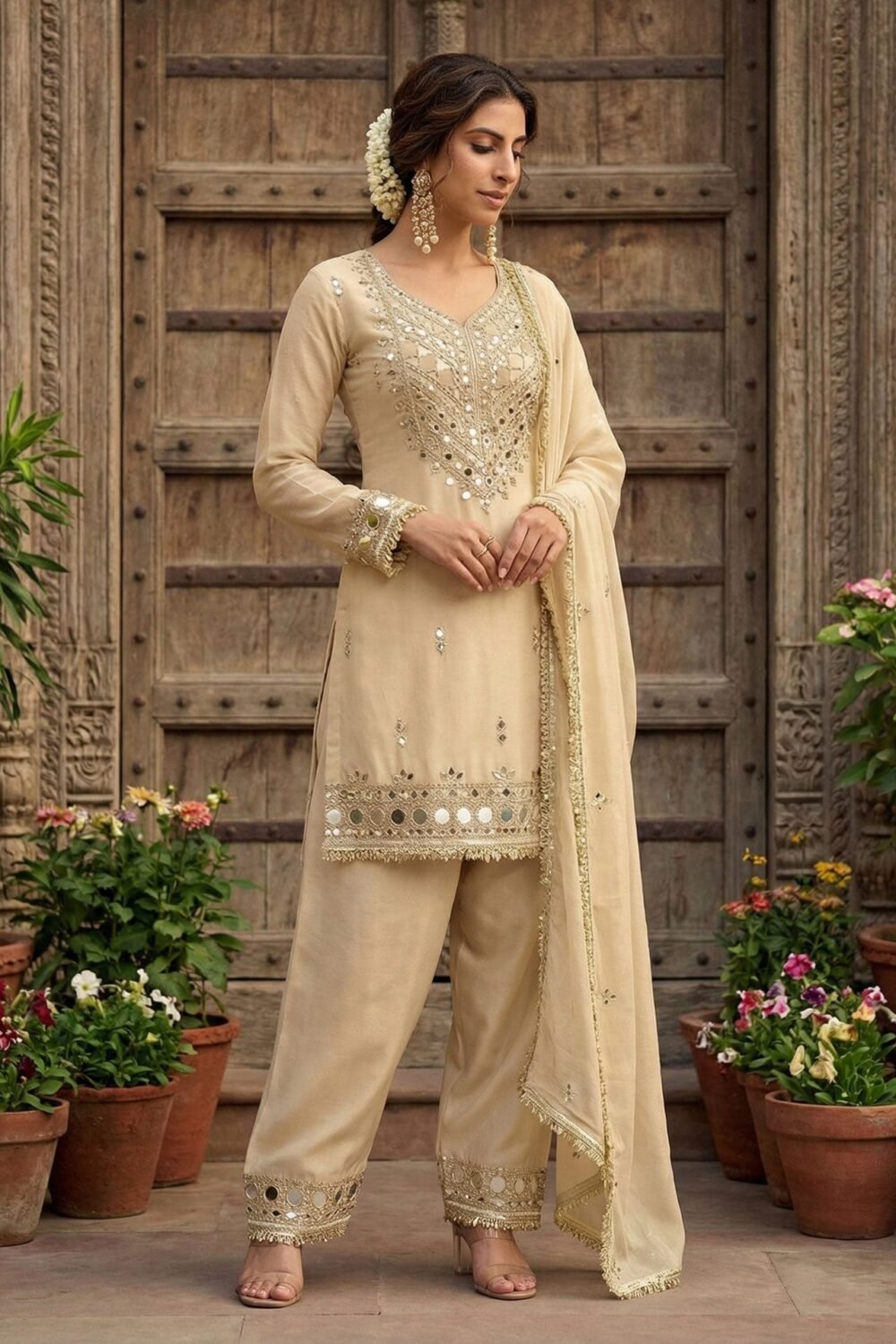 Beige Simar Silk Mirror Work Readymade Short Kurta For Woman With Palazzo Pant