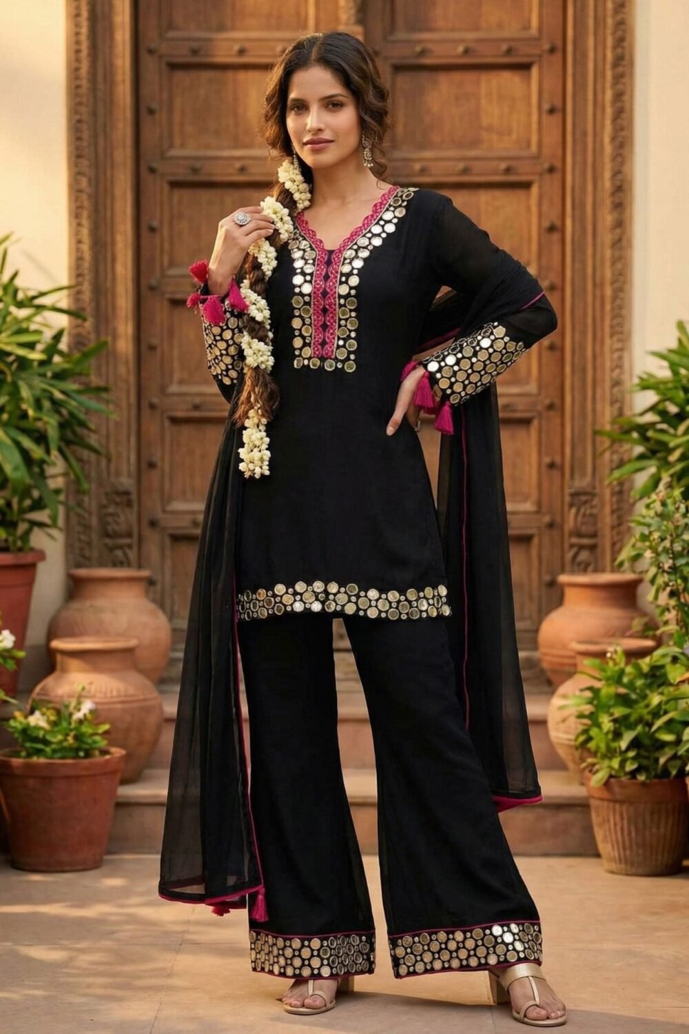 Black Simar Silk Mirror Work Readymade Short Kurta For Woman With Palazzo Pant