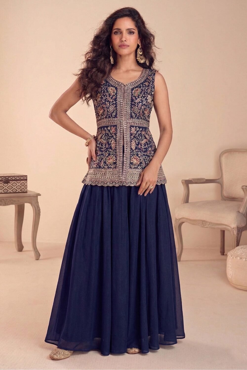 Readymade Blue CO-Ord Palazzo Suit For Woman In Georgette