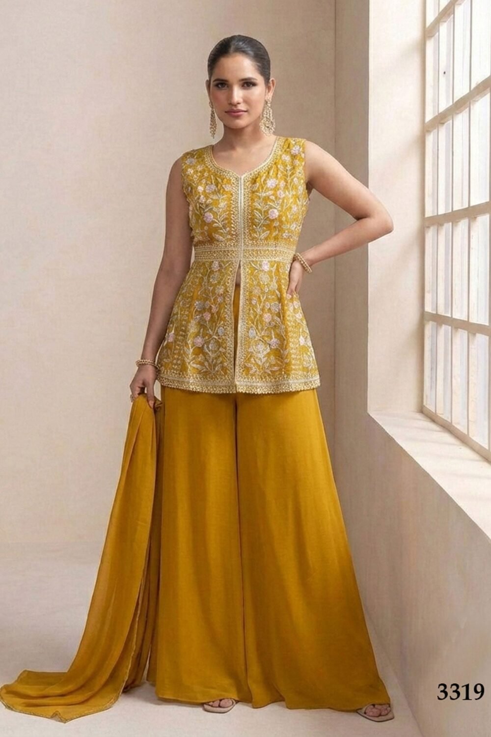 Readymade Yellow CO-Ord Palazzo Suit For Woman In Georgette