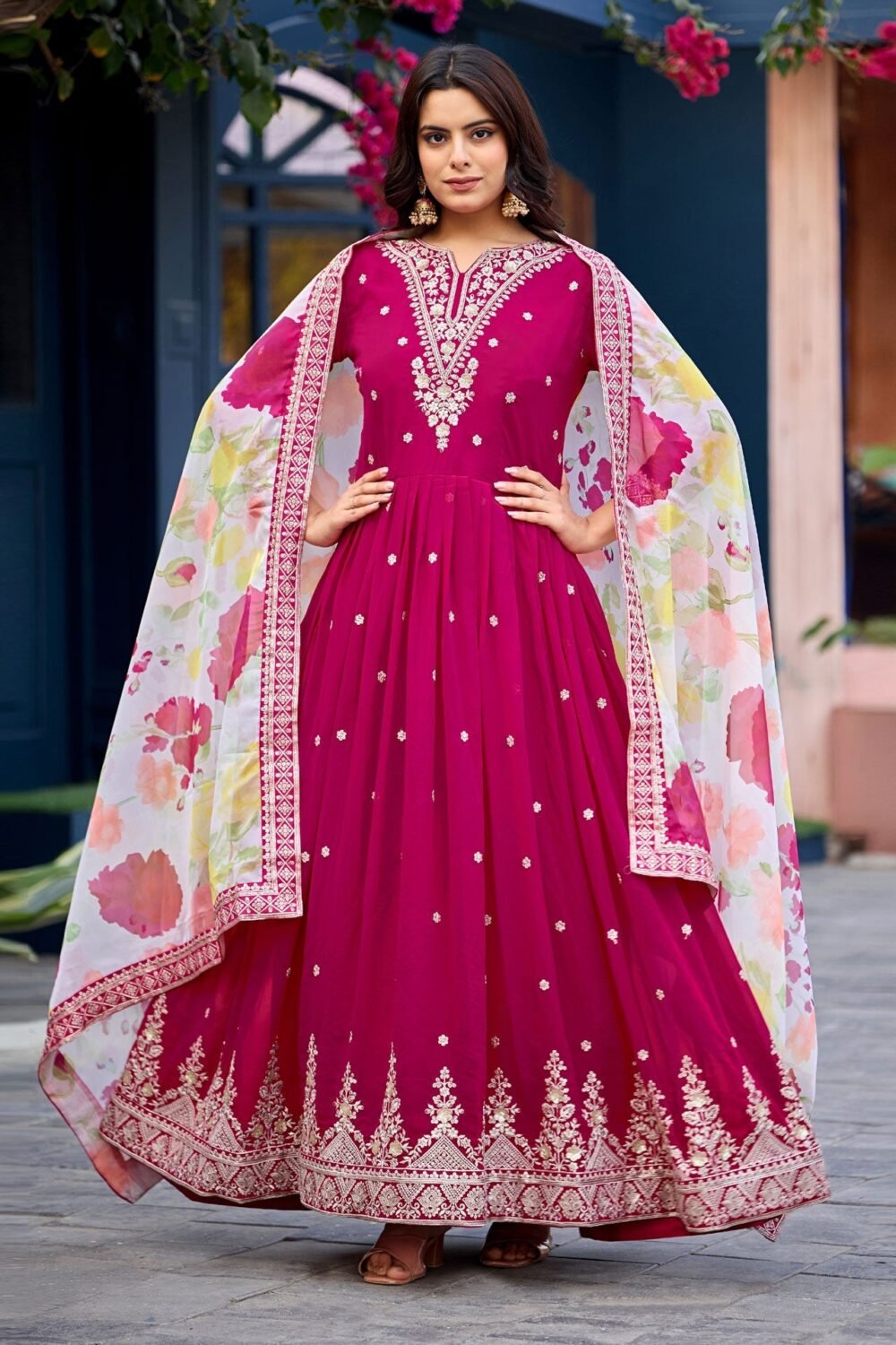Pink Faux Georgette Women Readymade Anarkali Frock Suit With Printed Silk Dupatta