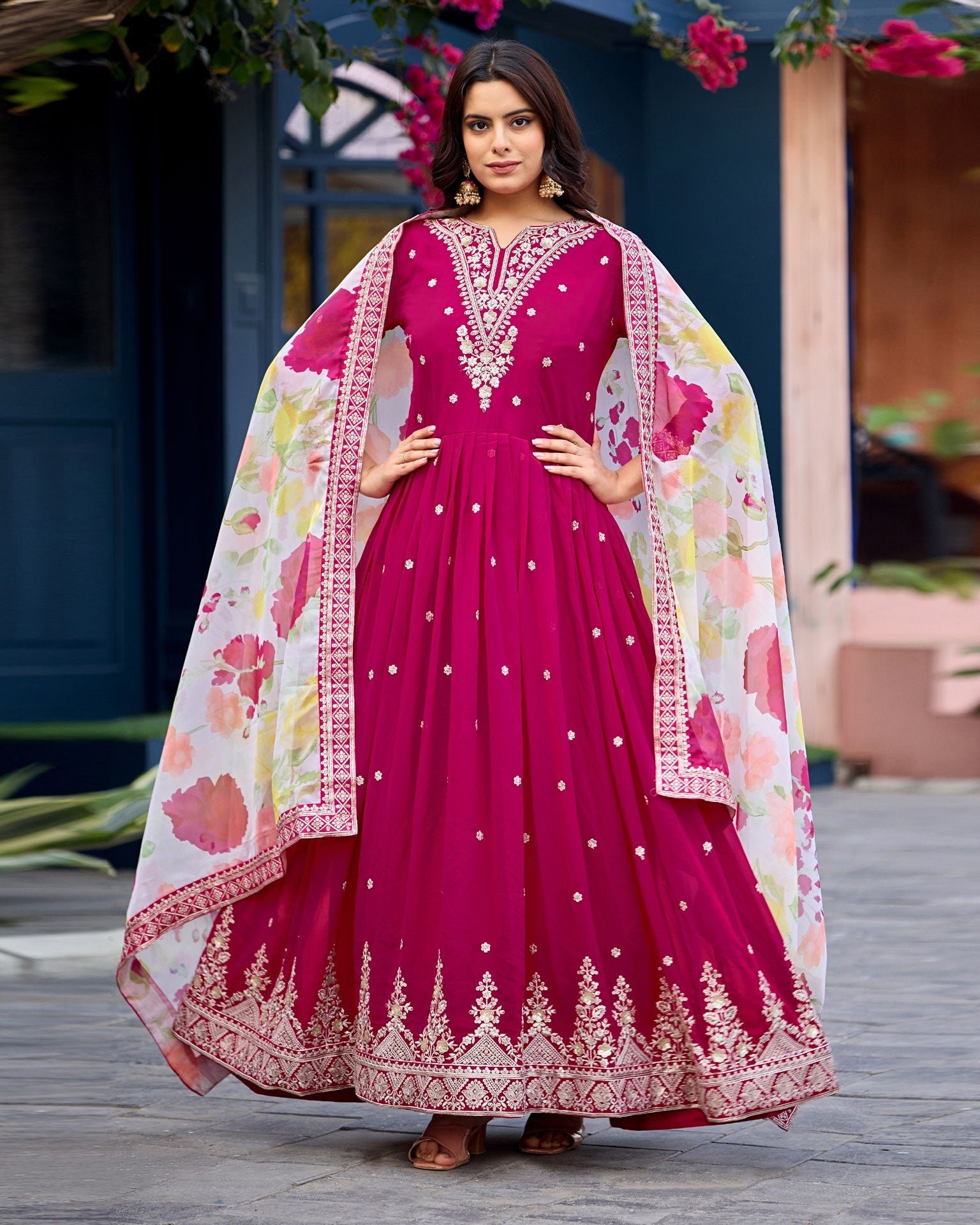 Pink Faux Georgette Women Readymade Anarkali Frock Suit With Printed Silk Dupatta