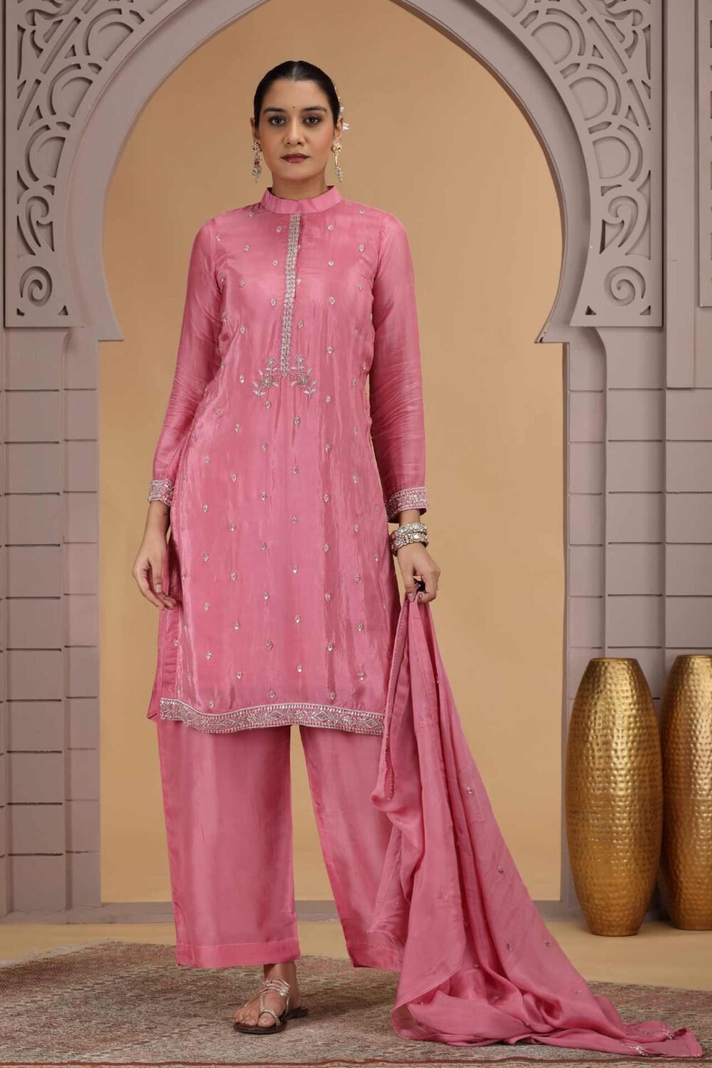 Pink Silk Readymade Salwar Suit For Woman With Palazzo Pant
