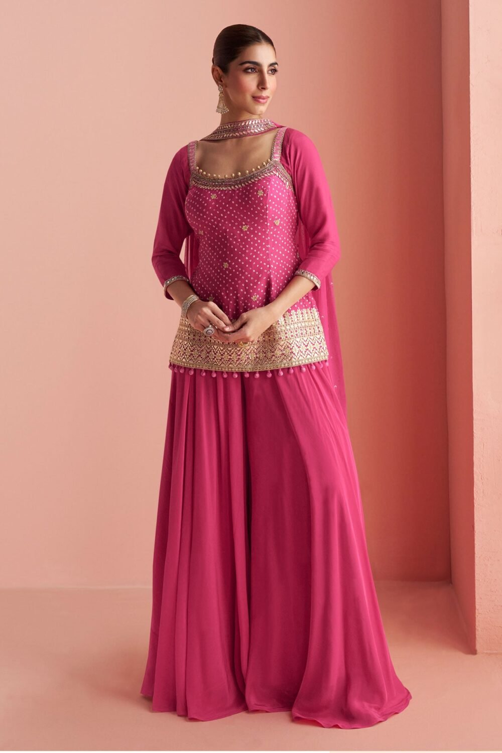 Pink Chinnon Silk Readymade Woman Short Kurta With Palazzo & Embroidered Dupatta