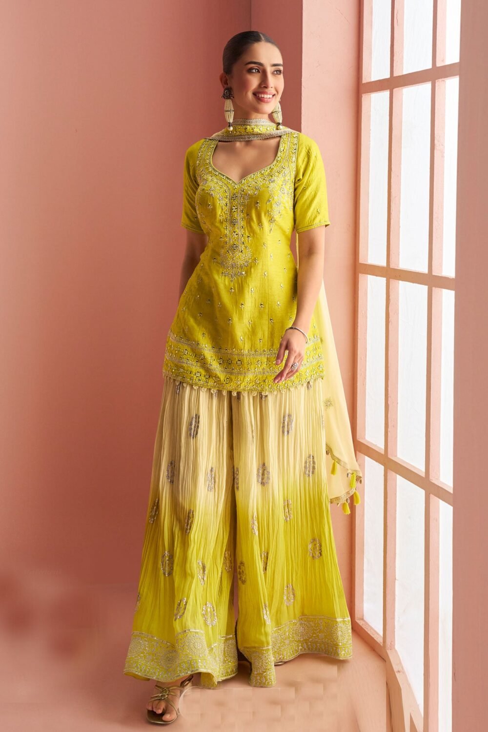 Yellow Silk Readymade Woman Short Kurta With Palazzo & Embroidered Dupatta