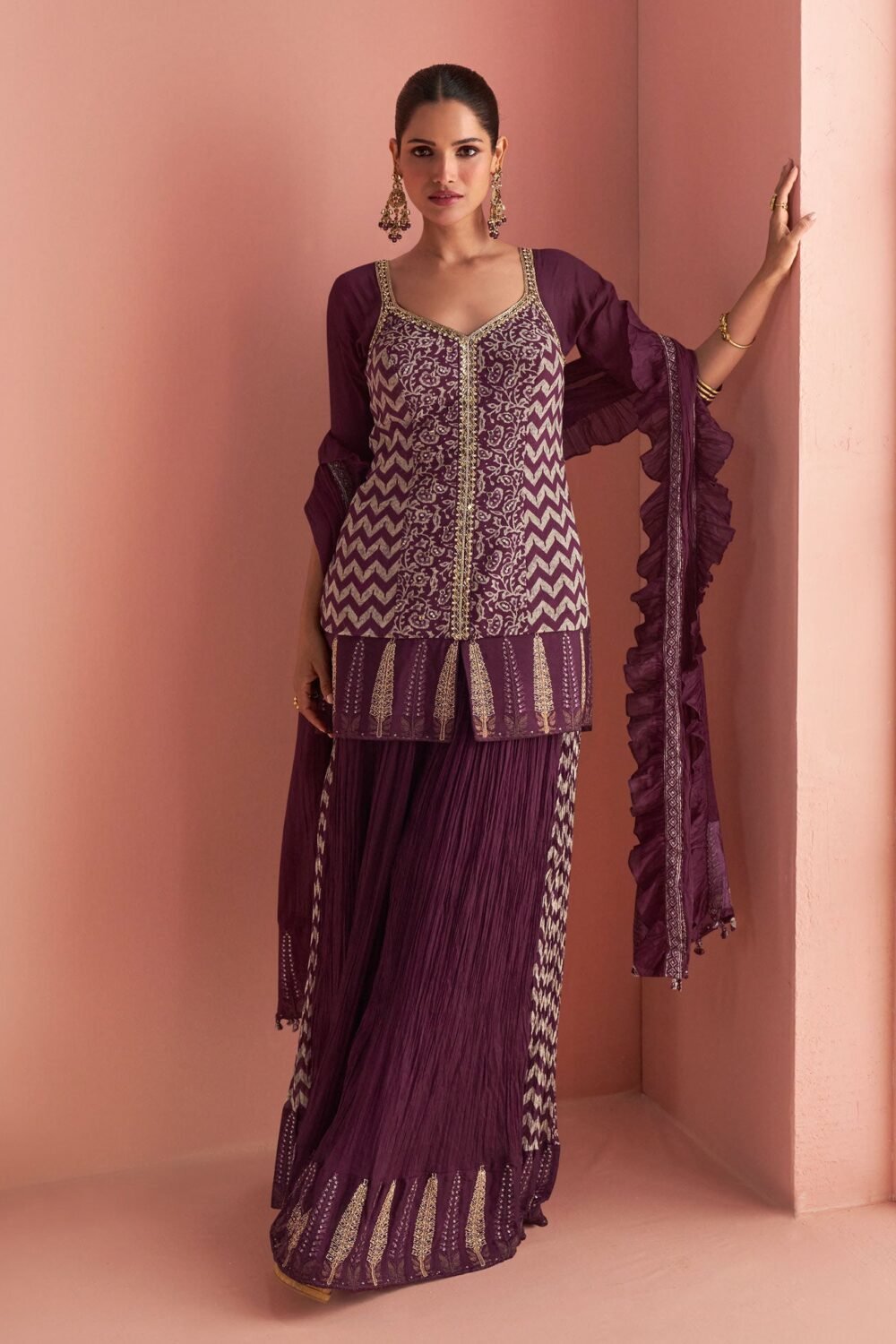 Purple Chinnon Silk Readymade Woman Short Kurta With Palazzo & Ruffled Dupatta