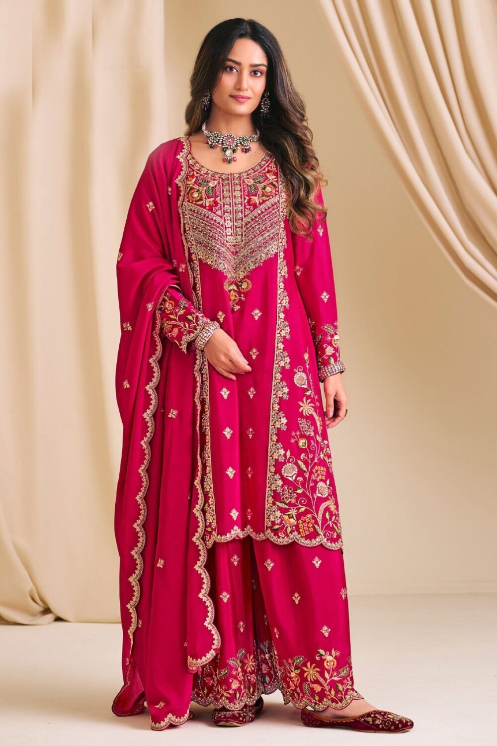 Red Chinnon Silk Readymade Woman Palazzo Suit With Embroidered Dupatta