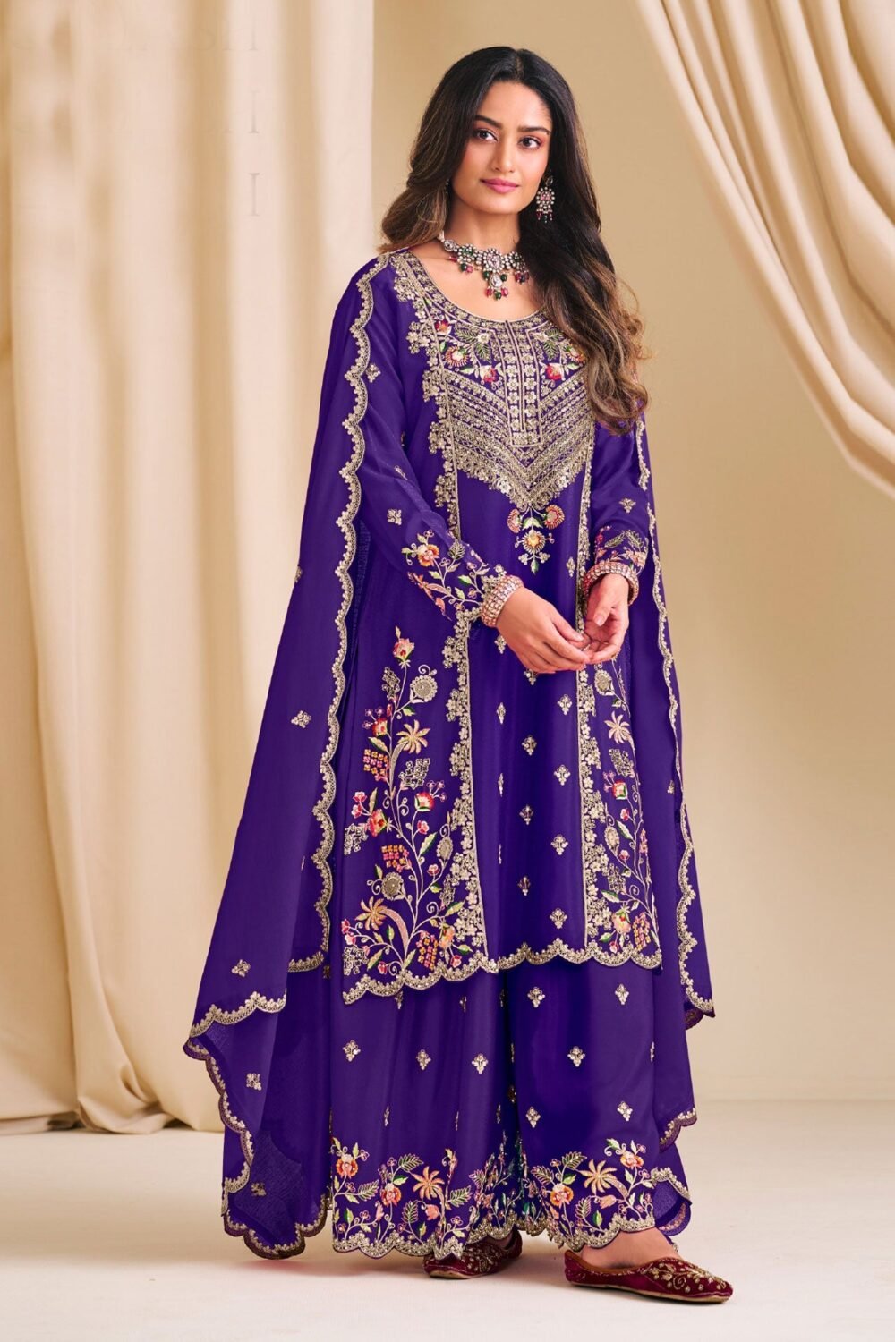 Blue Chinnon Silk Readymade Woman Palazzo Suit With Embroidered Dupatta