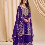 Blue Chinnon Silk Readymade Woman Palazzo Suit With Embroidered Dupatta