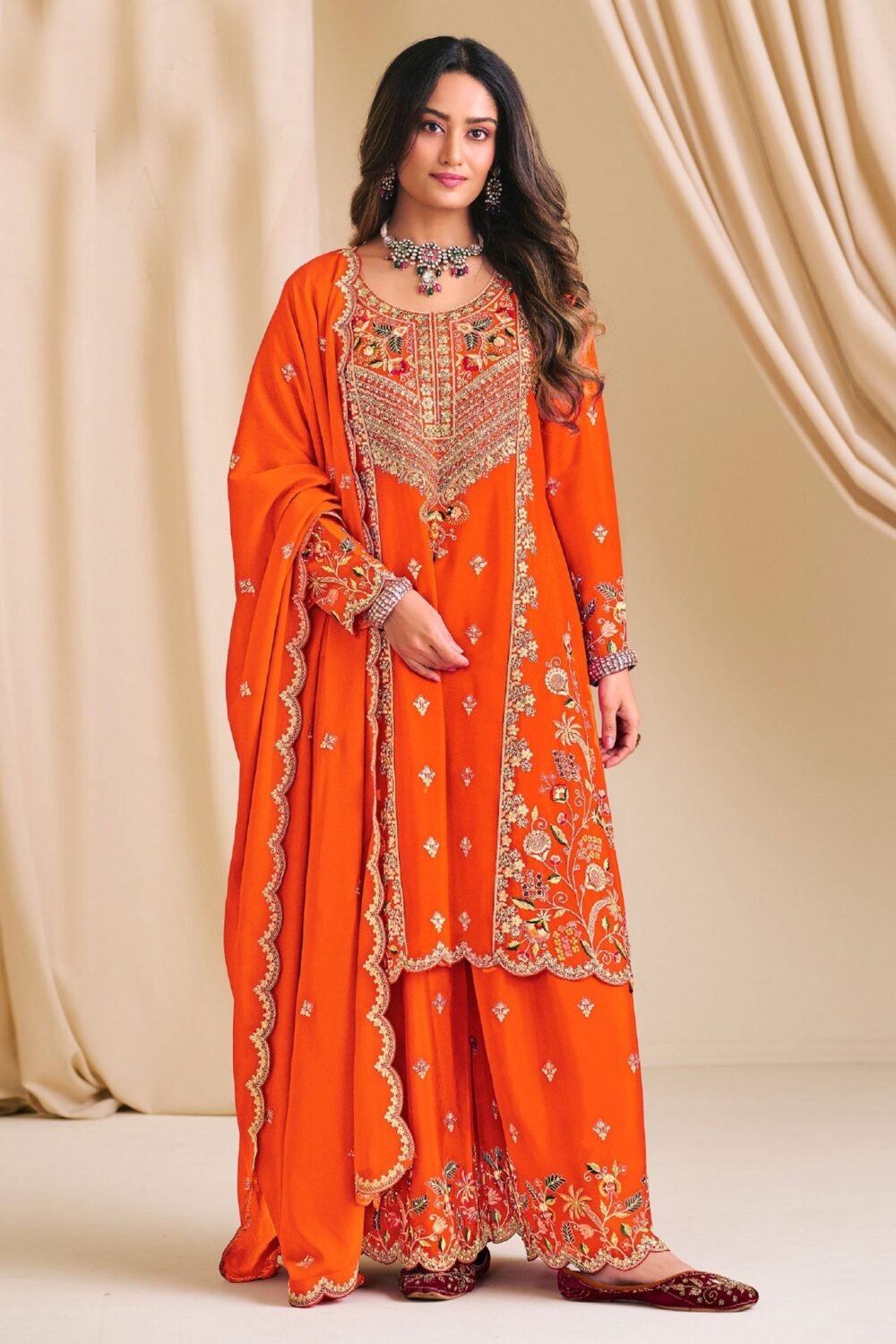 Orange Chinnon Silk Readymade Woman Palazzo Suit With Embroidered Dupatta