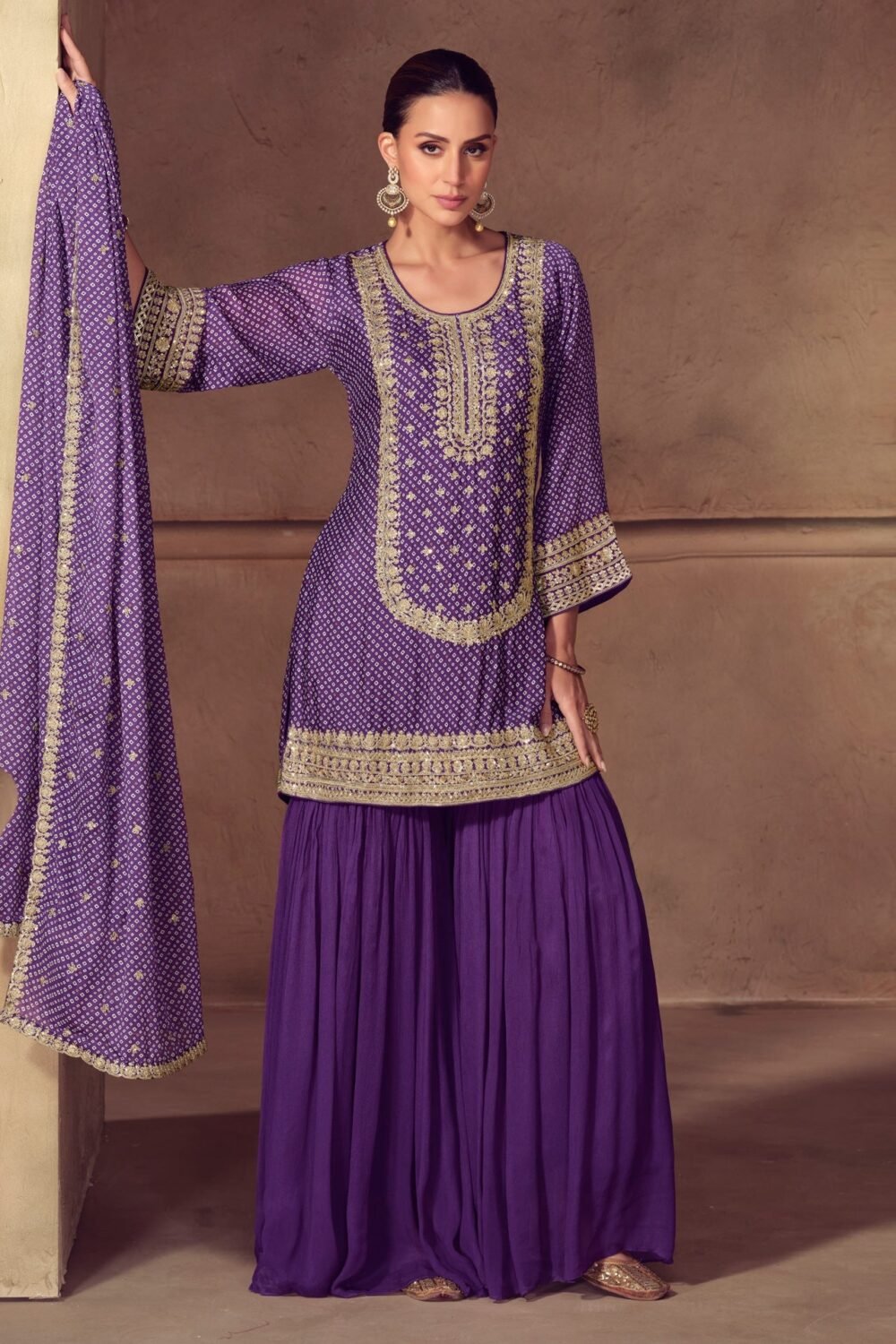 Purple Chinnon Silk Digital Print Zari Sequins Work Women Readymade Palazzo Suit