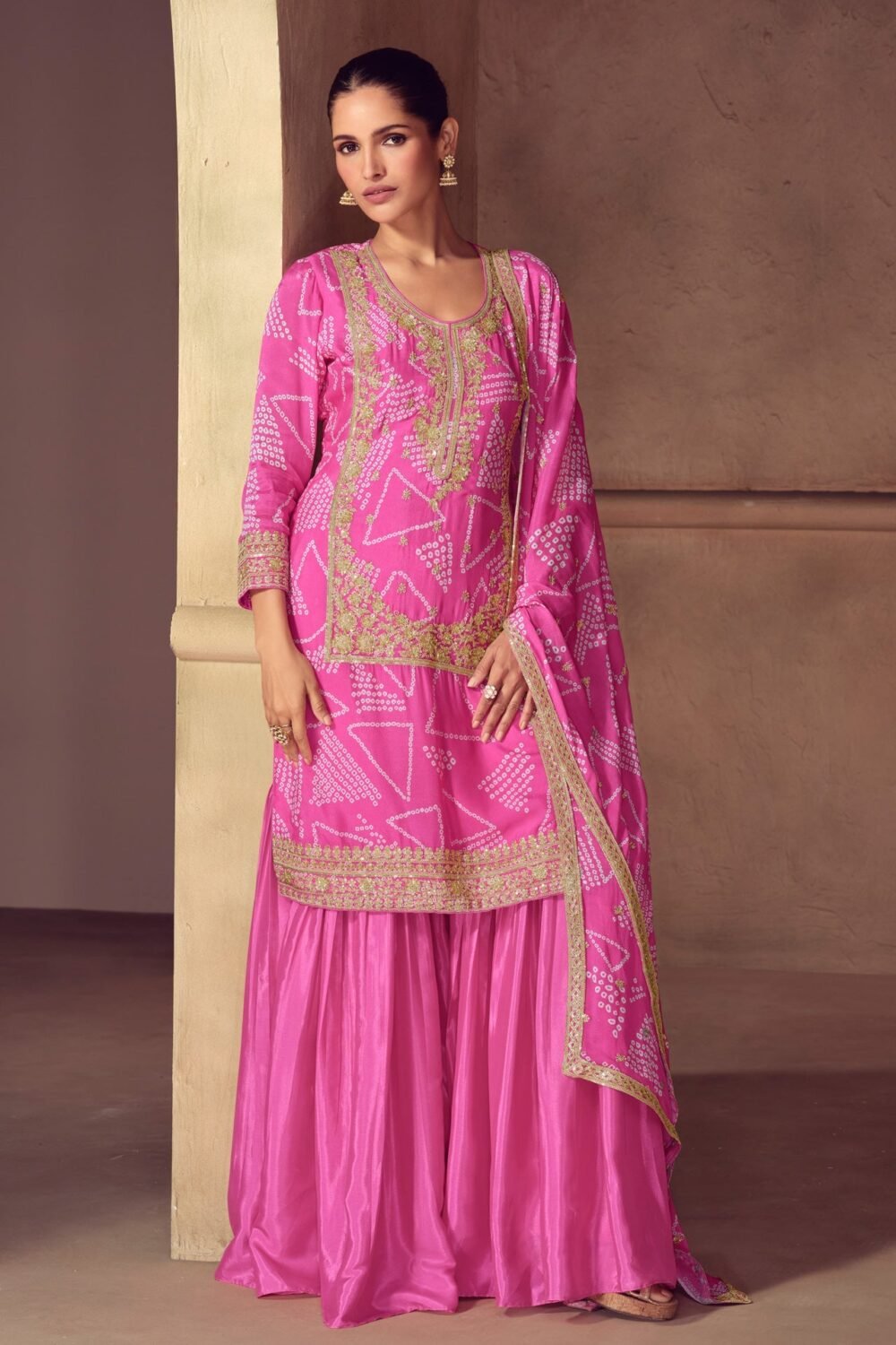 Pink Chinnon Silk Digital Print Zari Sequins Work Women Readymade Palazzo Suit