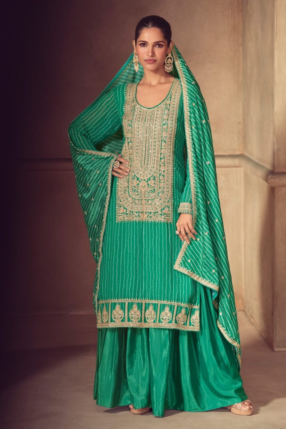Green Chinnon Silk Digital Print Zari Sequins Work Women Readymade Palazzo Suit