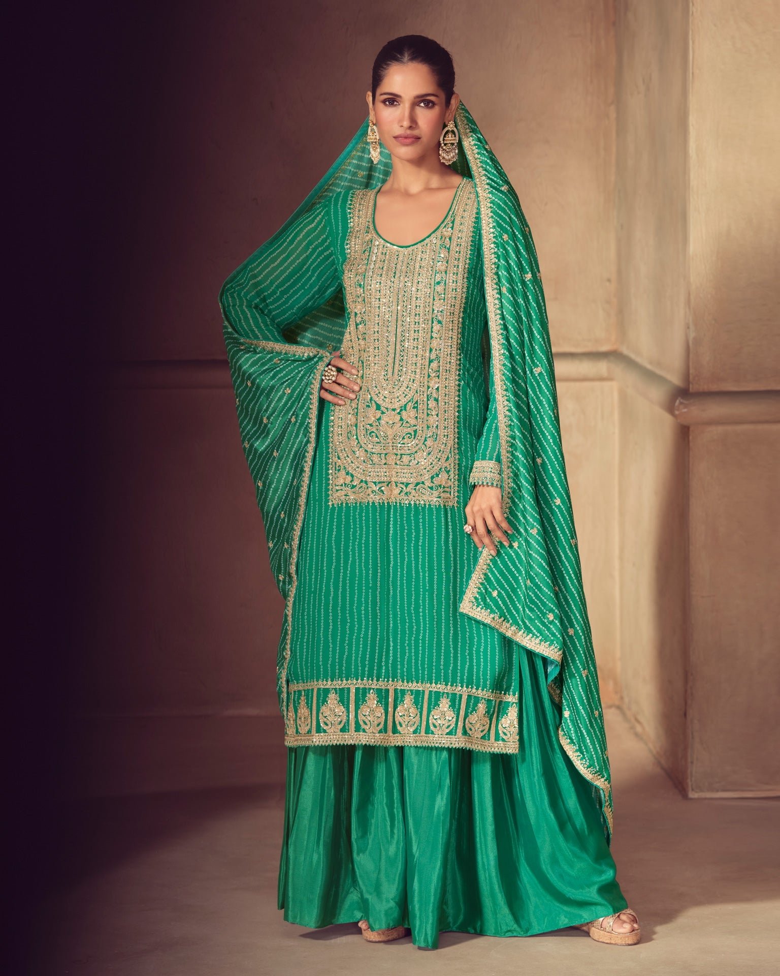 Green Chinnon Silk Digital Print Zari Sequins Work Women Readymade Palazzo Suit