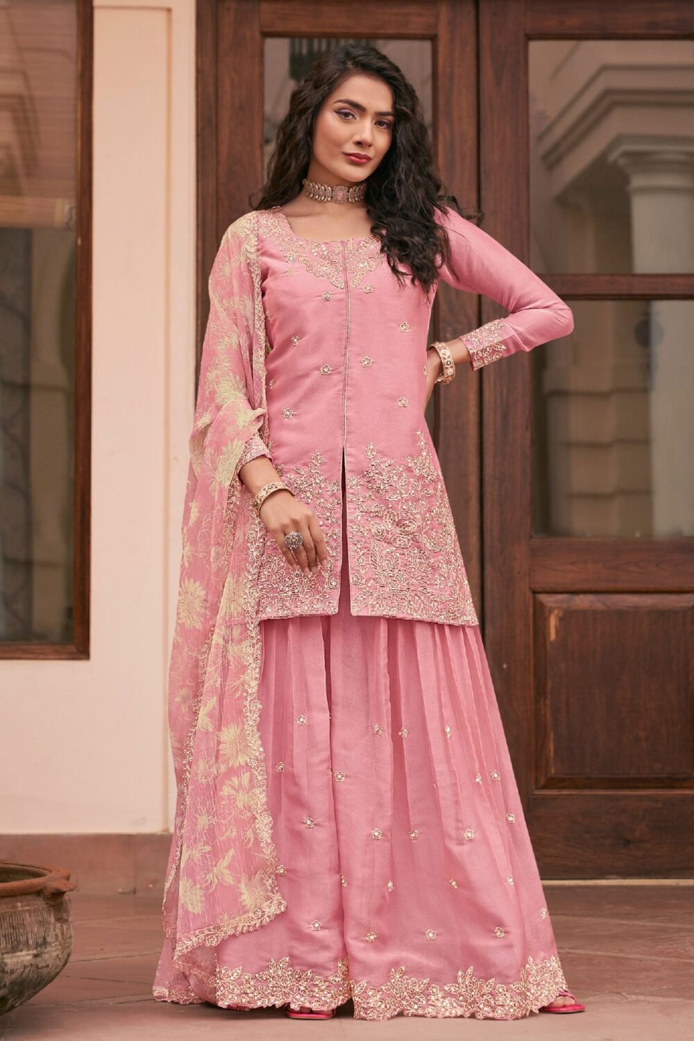 Pink Moss Silk Thread Work Readymade Woman Palazzo Suit