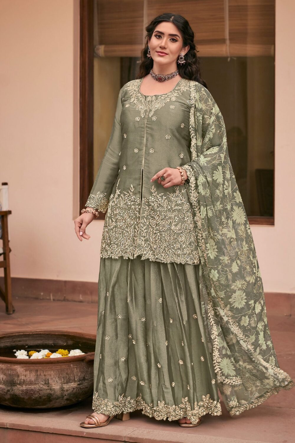 Green Moss Silk Thread Work Readymade Woman Palazzo Suit