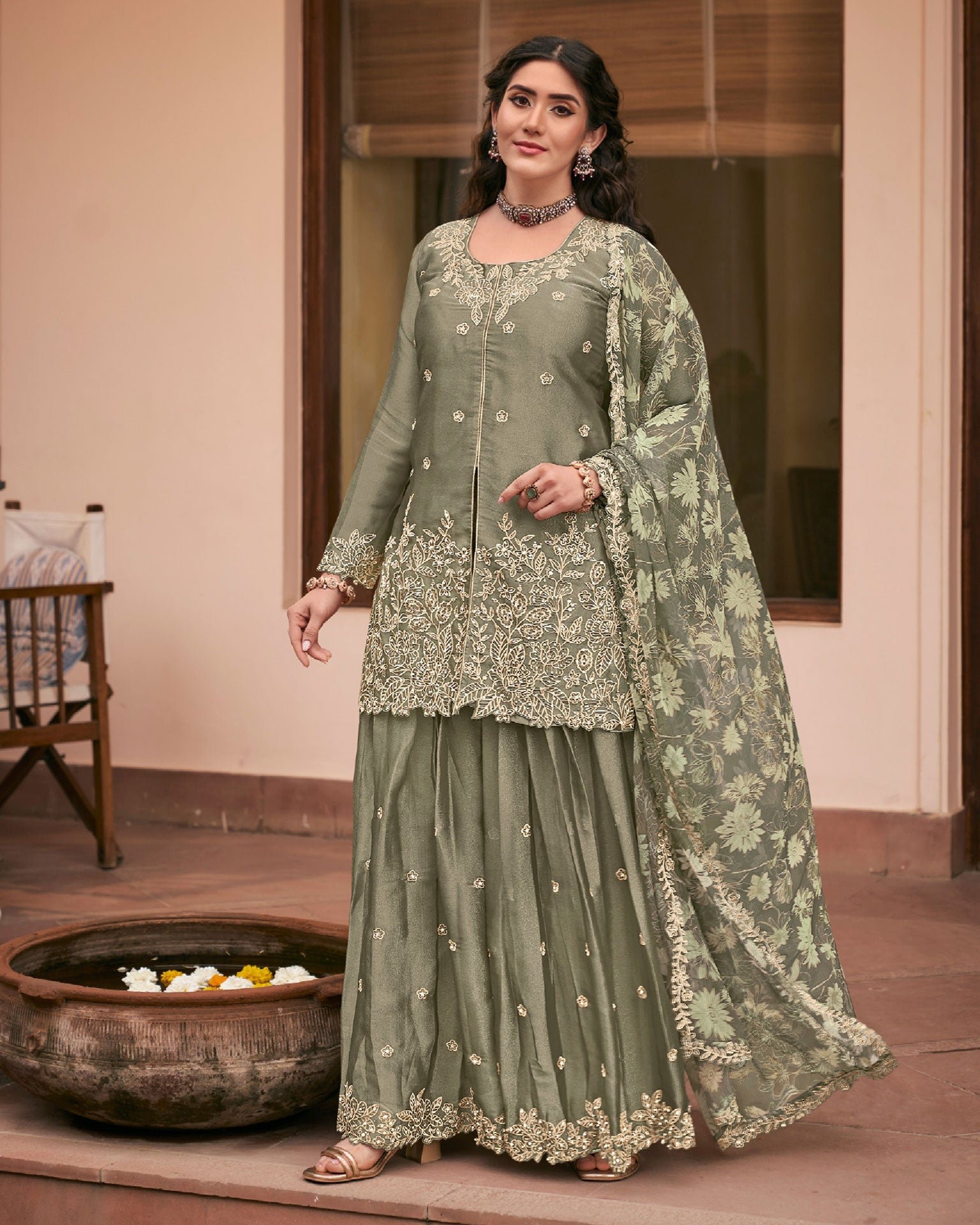 Green Moss Silk Thread Work Readymade Woman Palazzo Suit