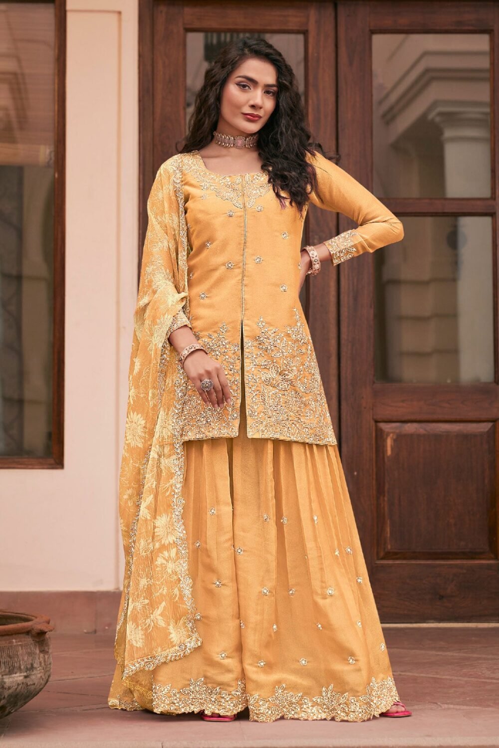 Yellow Moss Silk Thread Work Readymade Woman Palazzo Suit