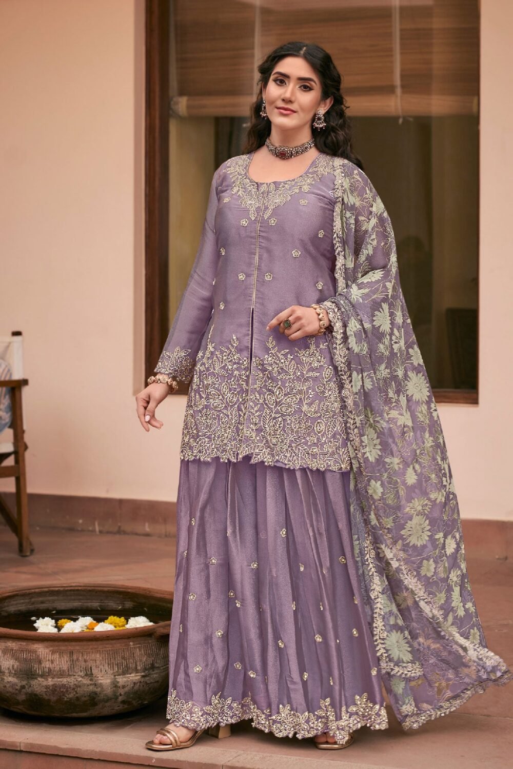 Lavender Moss Silk Thread Work Readymade Woman Palazzo Suit