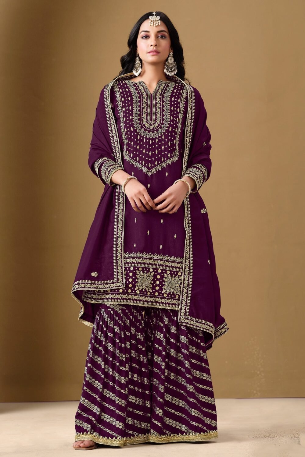 Purple Art Silk Zari Embroidery Work Women Readymade Sharara Suit