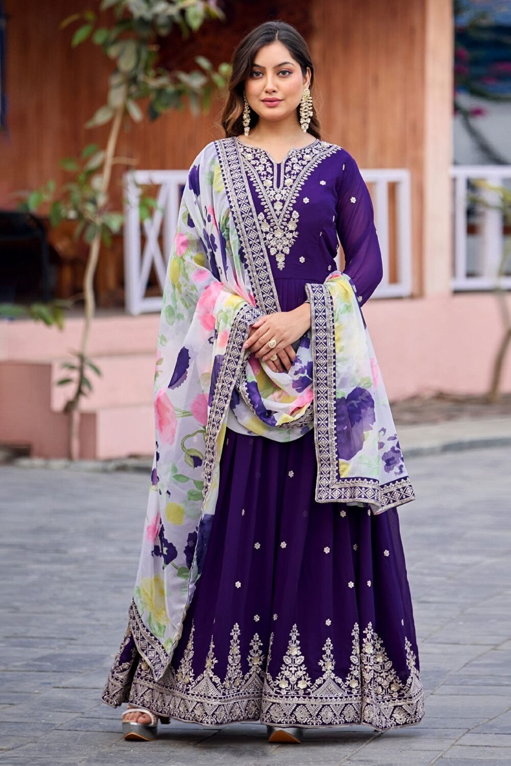 Purple Faux Georgette Women Readymade Anarkali Frock Suit With Printed Silk Dupatta