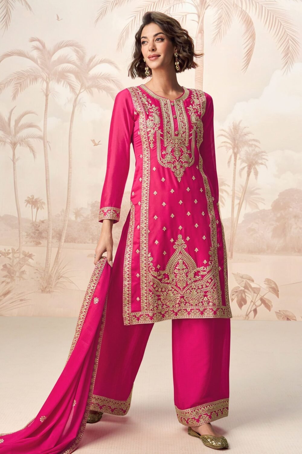 Pink Chinnon Silk Readymade Sequins & Zari Work Woman Palazzo Suit With Embroidered Dupatta