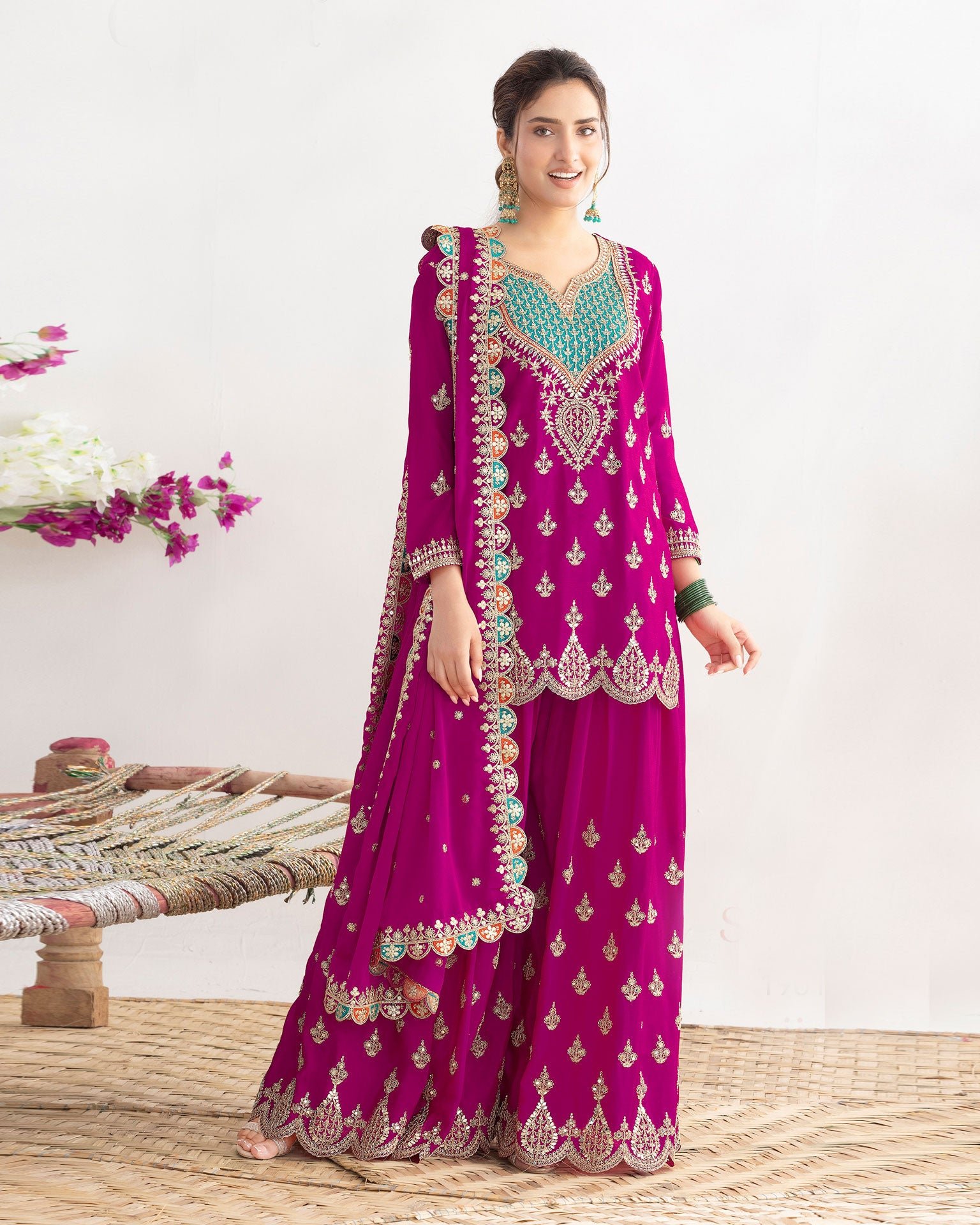 Magenta Chinnon Silk Dabka Dori Work Readymade Woman Palazzo Suit