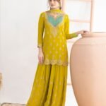 Yellow Chinnon Silk Dabka Dori Work Readymade Woman Palazzo Suit