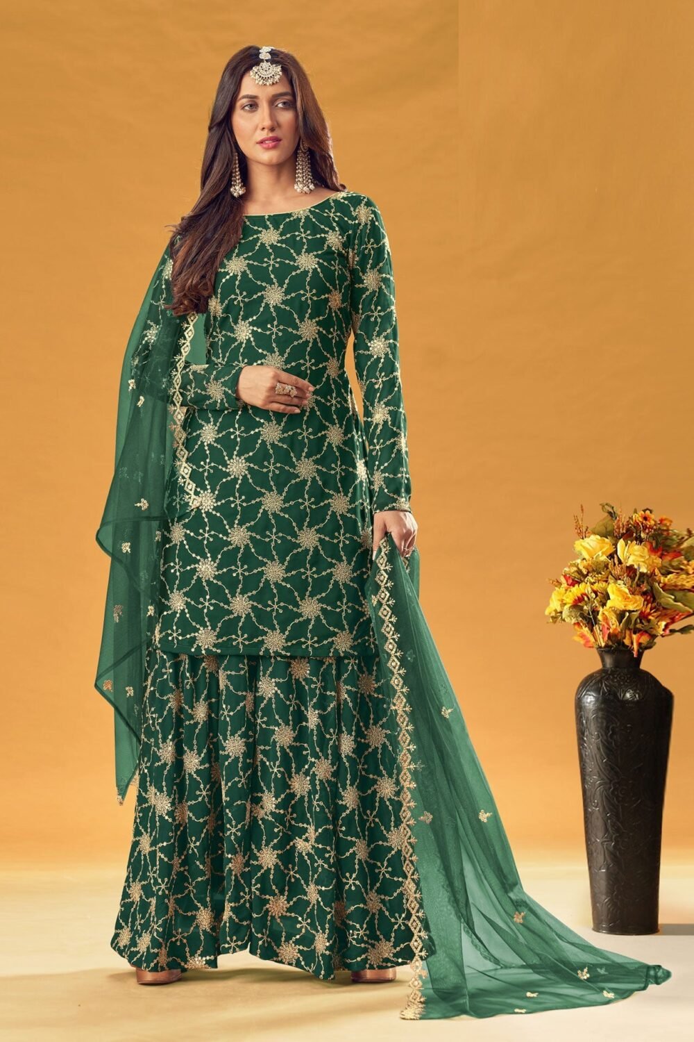 Green Faux Georgette Sharara Suit For Wedding