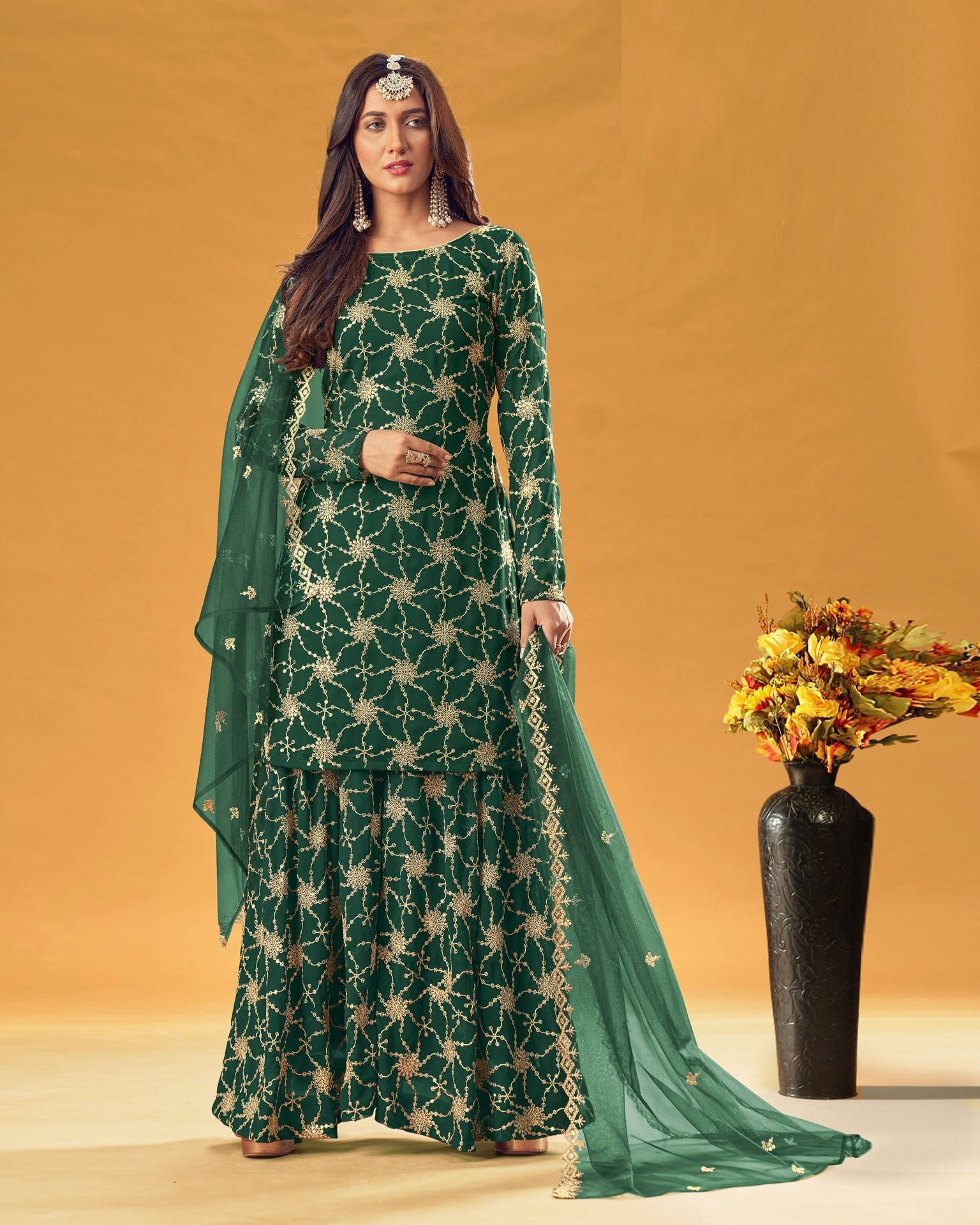 Green Faux Georgette Sharara Suit For Wedding