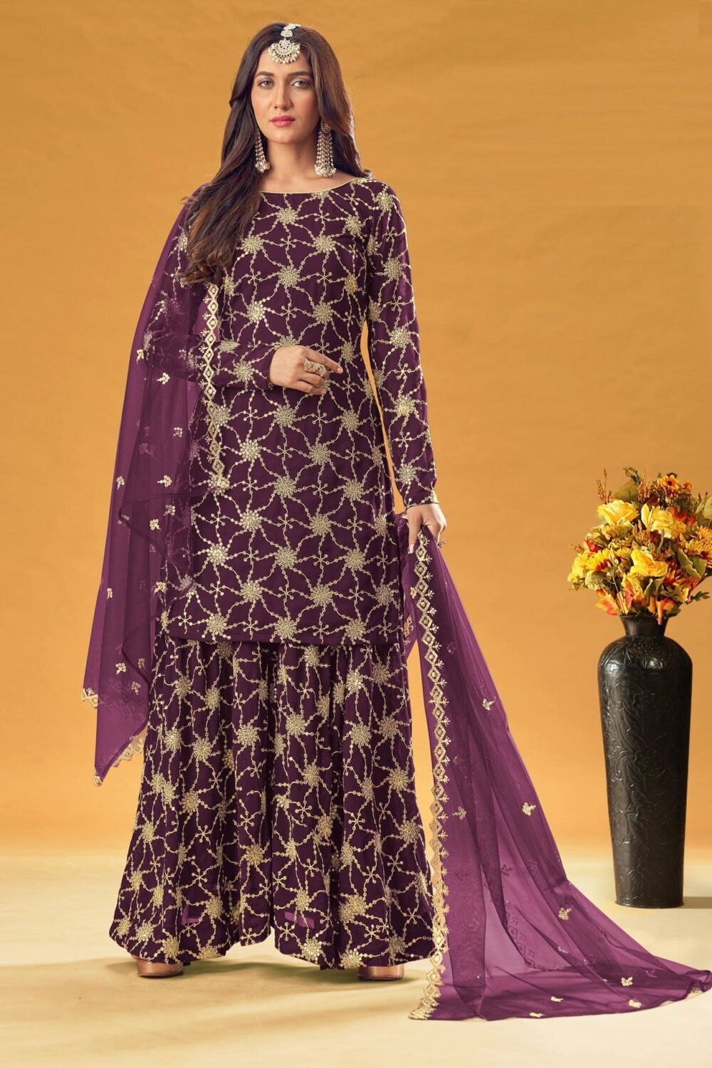 Wine Faux Georgette Women Customzied Sharara Suit For Wedding
