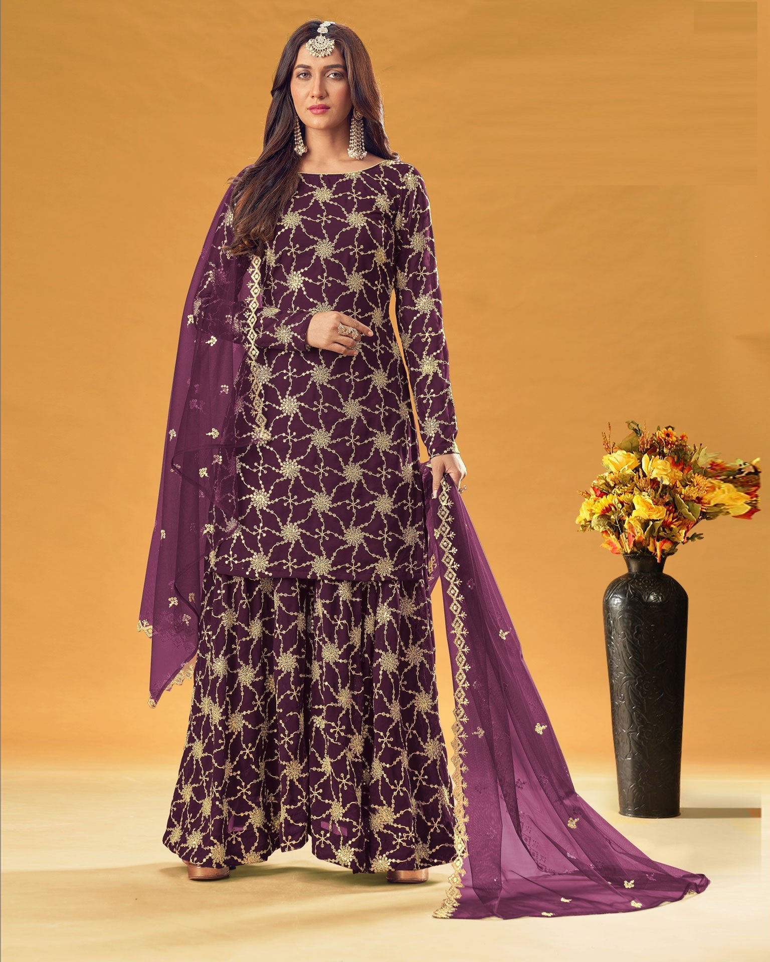 Wine Faux Georgette Women Customzied Sharara Suit For Wedding