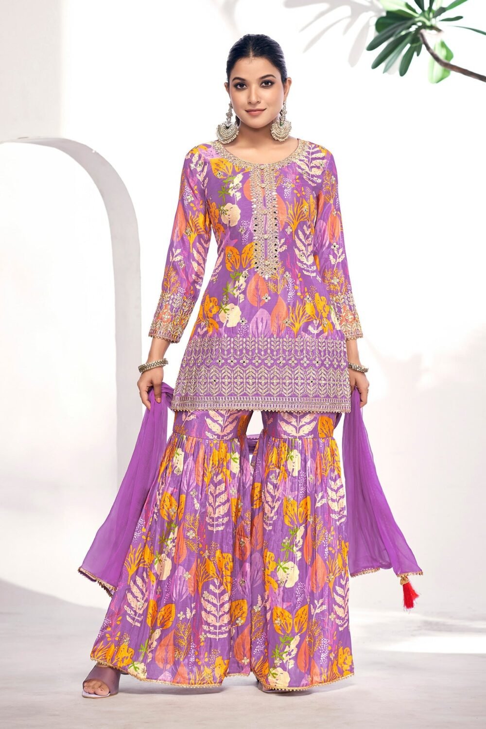 Purple Fiber Chinnon Digital Print Sharara Suit With Chiffon Dupatta