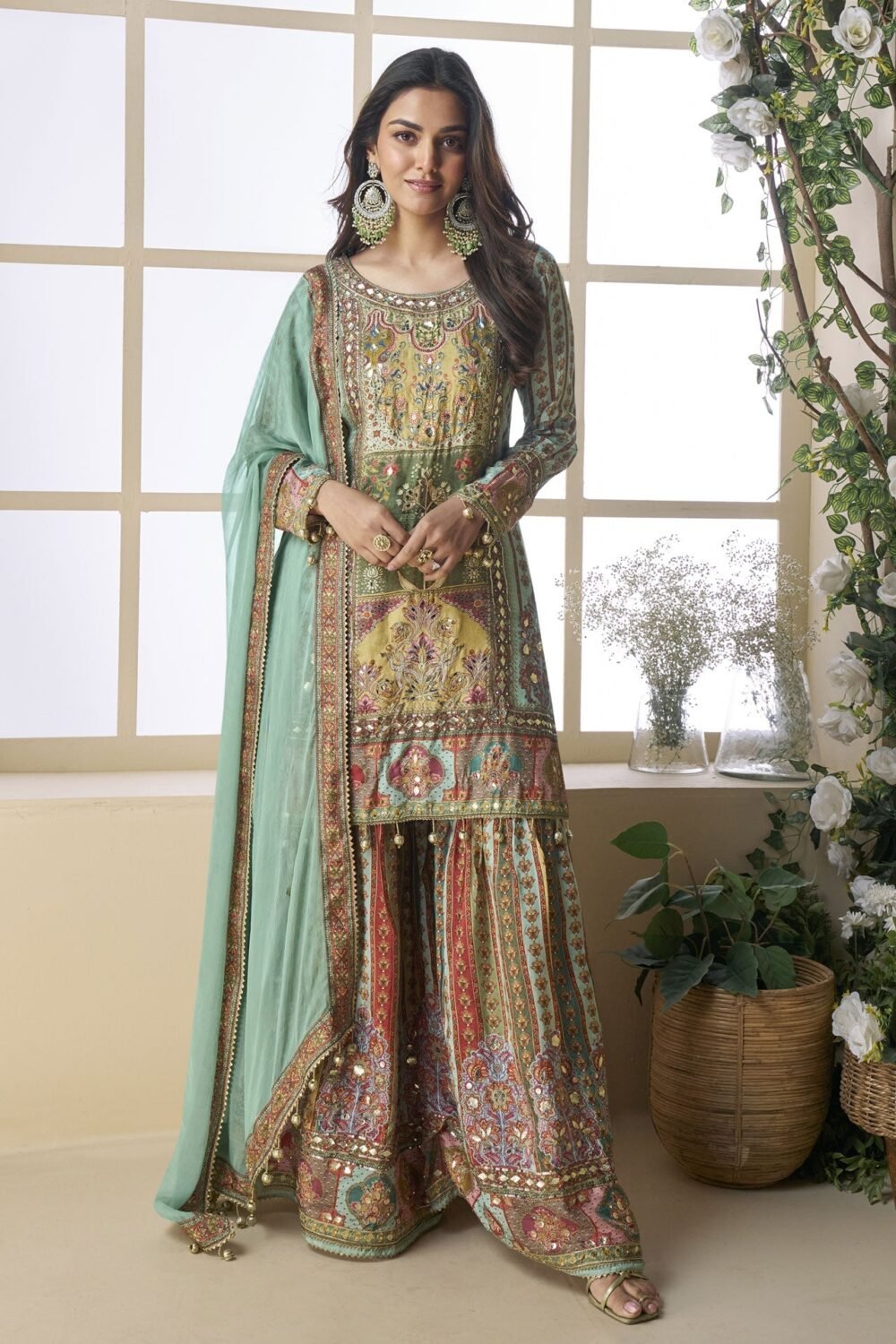 Green Blue Pure Viscose Crepe Silk Readymade Woman Palazzo Suit With Hand Work