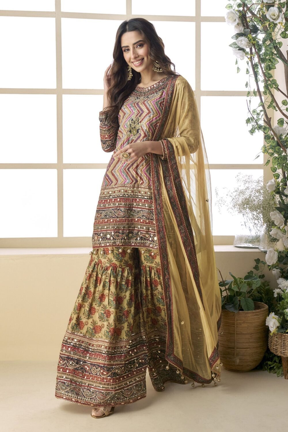Beige Pure Viscose Crepe Silk Readymade Woman Sharara Suit With Hand Work