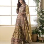 Beige Pure Viscose Crepe Silk Readymade Woman Sharara Suit With Hand Work