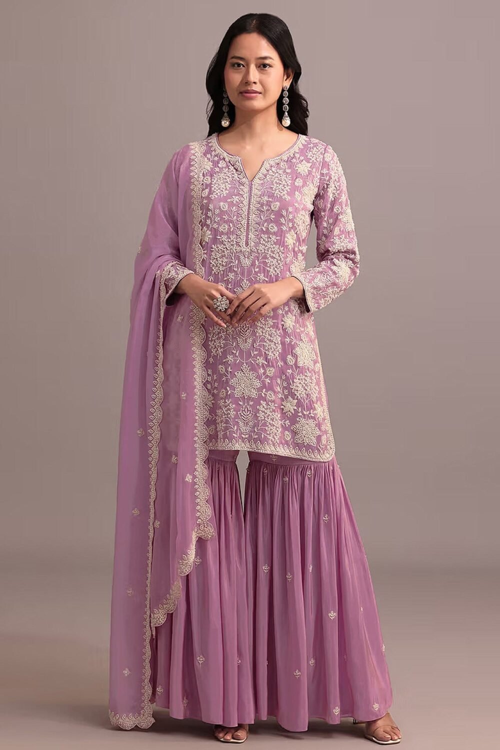 Light Pink Faux Georgette Thread & Sequins Work Women Unstitched Sharara Suit