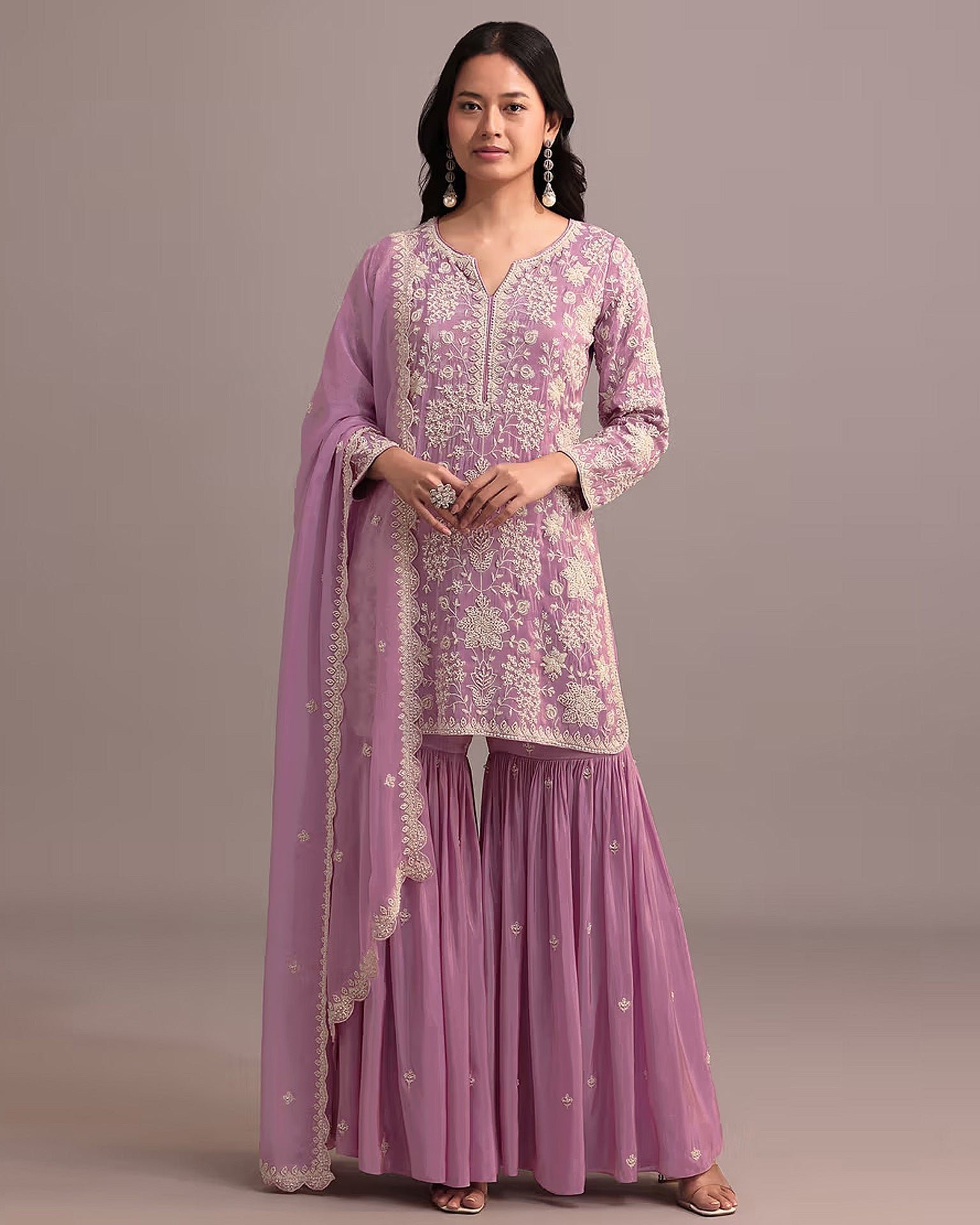 Light Pink Faux Georgette Thread & Sequins Work Women Unstitched Sharara Suit