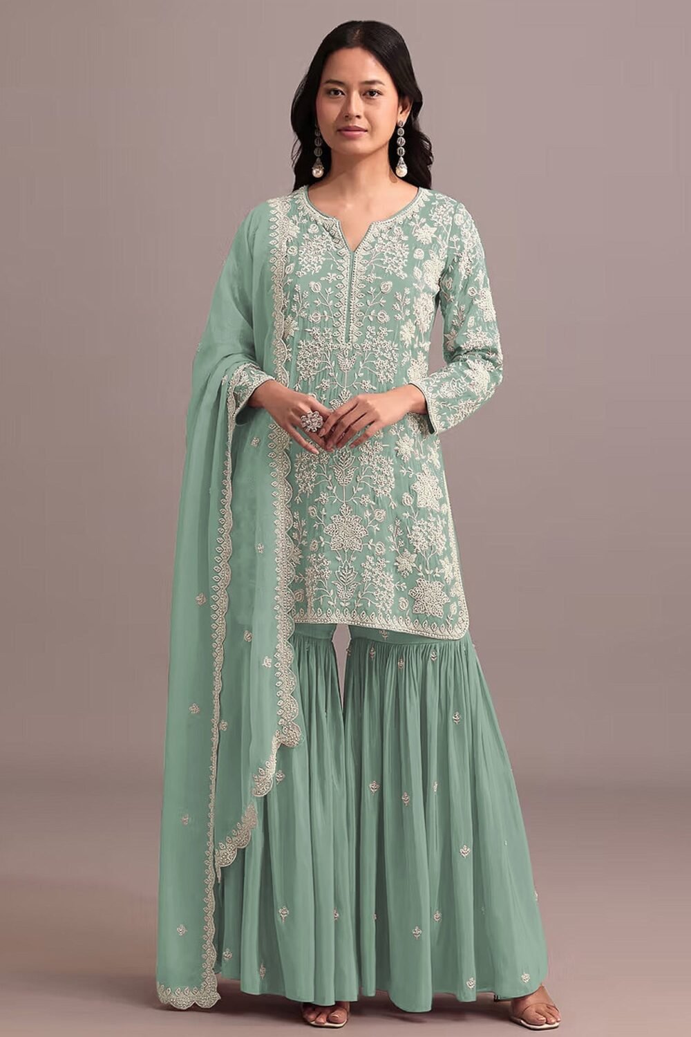 Sea Green Faux Georgette Thread & Sequins Work Women Unstitched Sharara Suit