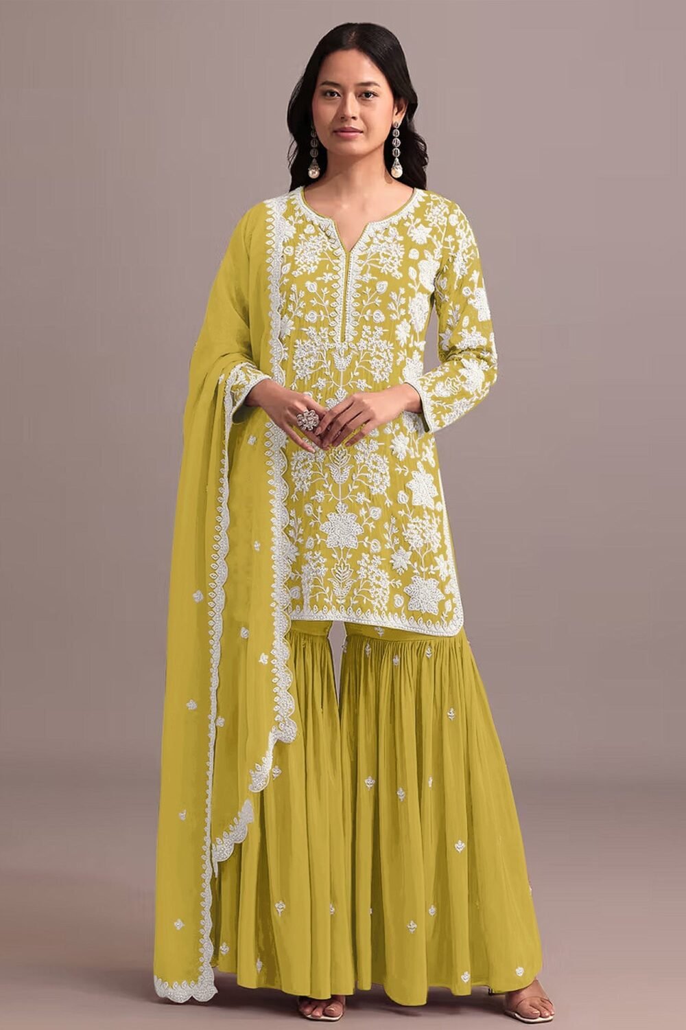 Yellow Faux Georgette Thread & Sequins Work Women Unstitched Sharara Suit