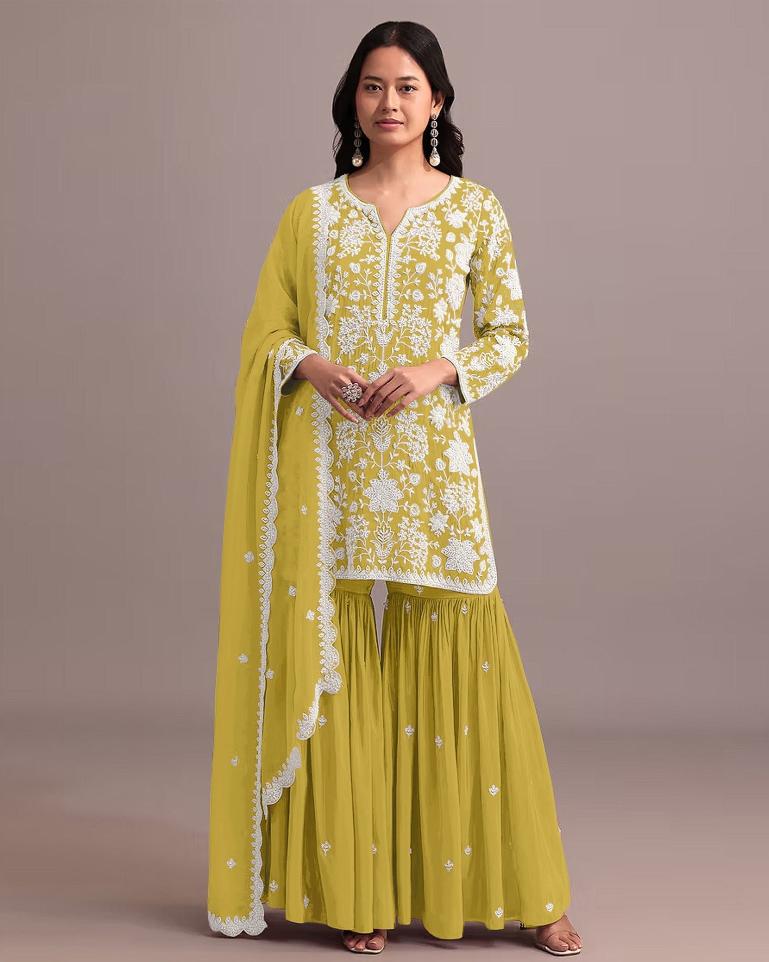 Yellow Faux Georgette Thread & Sequins Work Women Unstitched Sharara Suit