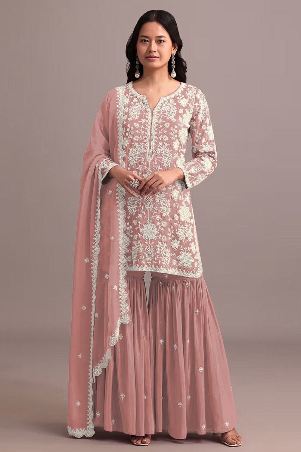 Peach Faux Georgette Thread & Sequins Work Women Unstitched Sharara Suit