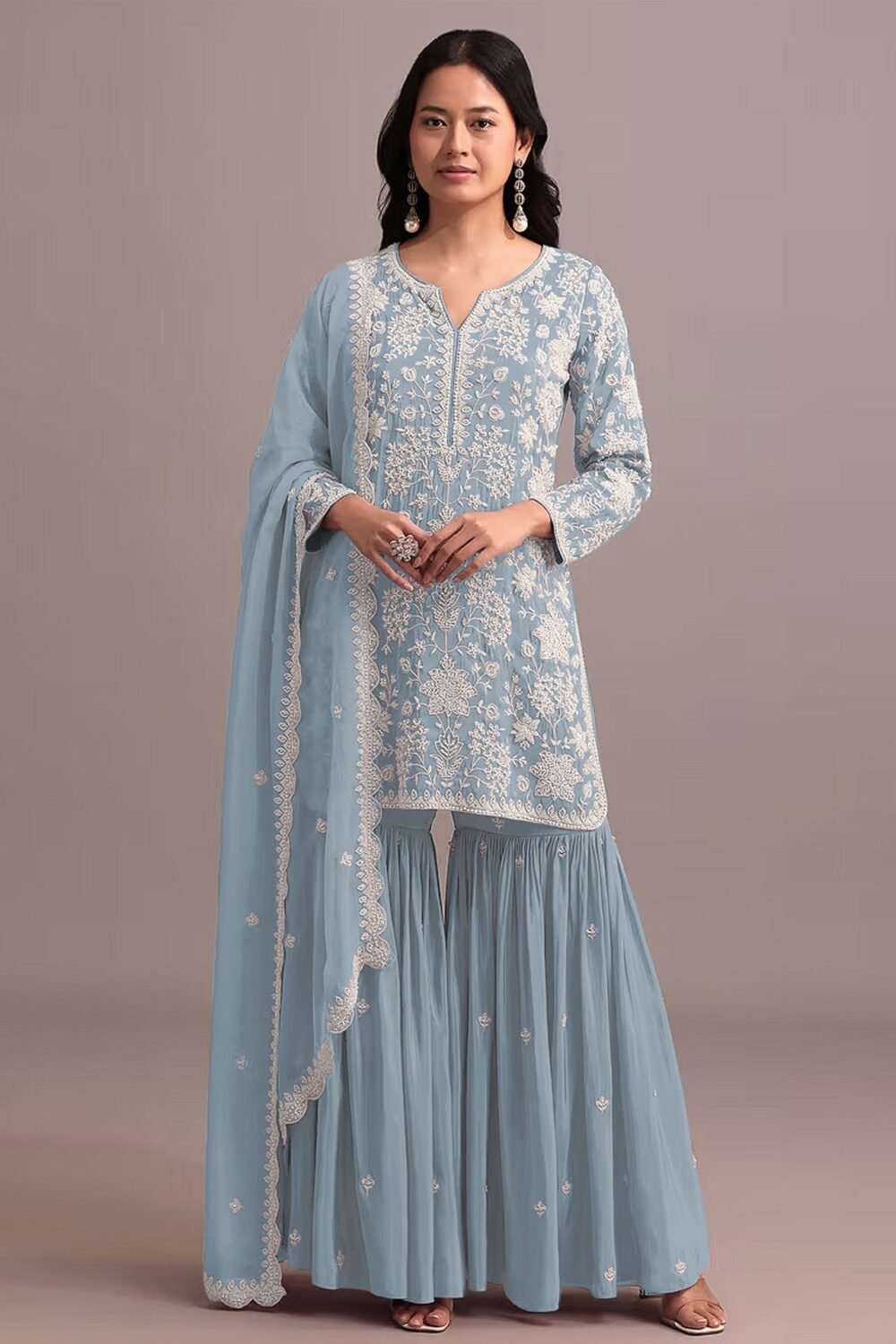 Light Blue Faux Georgette Thread & Sequins Work Women Unstitched Sharara Suit